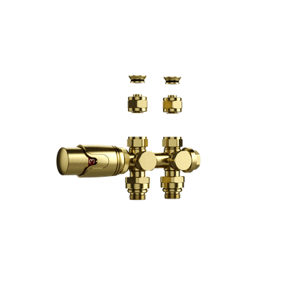 BELRAD RADIATORKRAAN - DESIGN - THERMOSTATISCH - MIDDENAANSLUITING - MUUR-EN VLOERAANSLUITING - GEBORSTELD GOUD