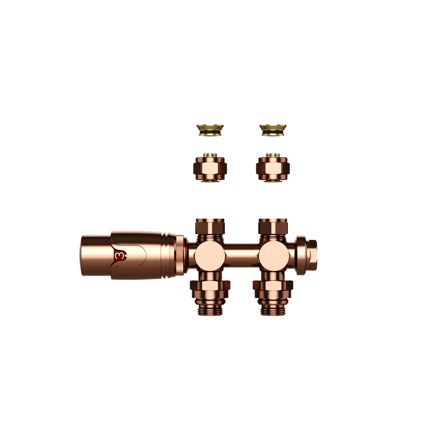 BELRAD RADIATORKRAAN - DESIGN - THERMOSTATISCH - MIDDENAANSLUITING - MUUR-EN VLOERAANSLUITING - GEBORSTELD KOPER