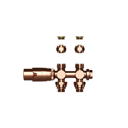 BELRAD RADIATORKRAAN - DESIGN - THERMOSTATISCH - MIDDENAANSLUITING - MUUR-EN VLOERAANSLUITING - GEBORSTELD KOPER