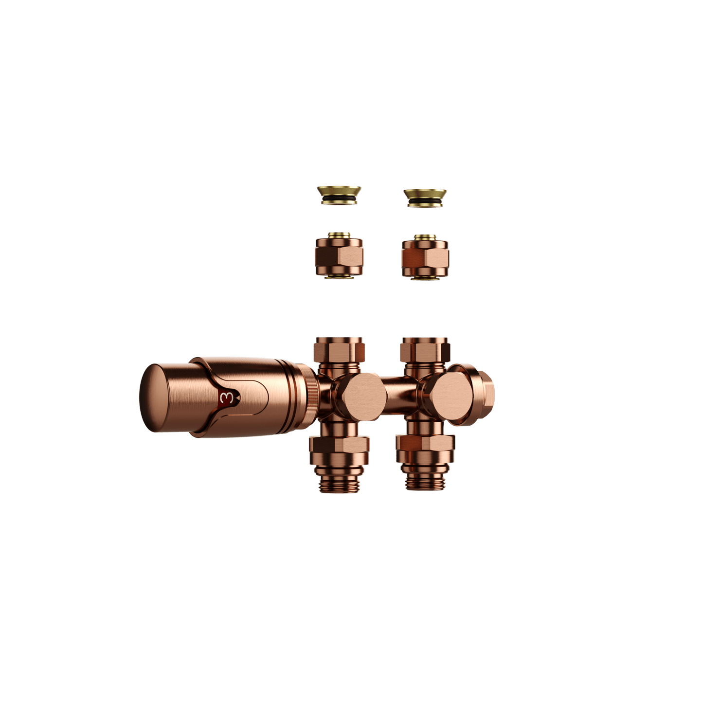 BELRAD RADIATORKRAAN - DESIGN - THERMOSTATISCH - MIDDENAANSLUITING - MUUR-EN VLOERAANSLUITING - GEBORSTELD KOPER