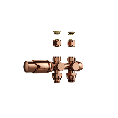 BELRAD RADIATORKRAAN - DESIGN - THERMOSTATISCH - MIDDENAANSLUITING - MUUR-EN VLOERAANSLUITING - GEBORSTELD KOPER
