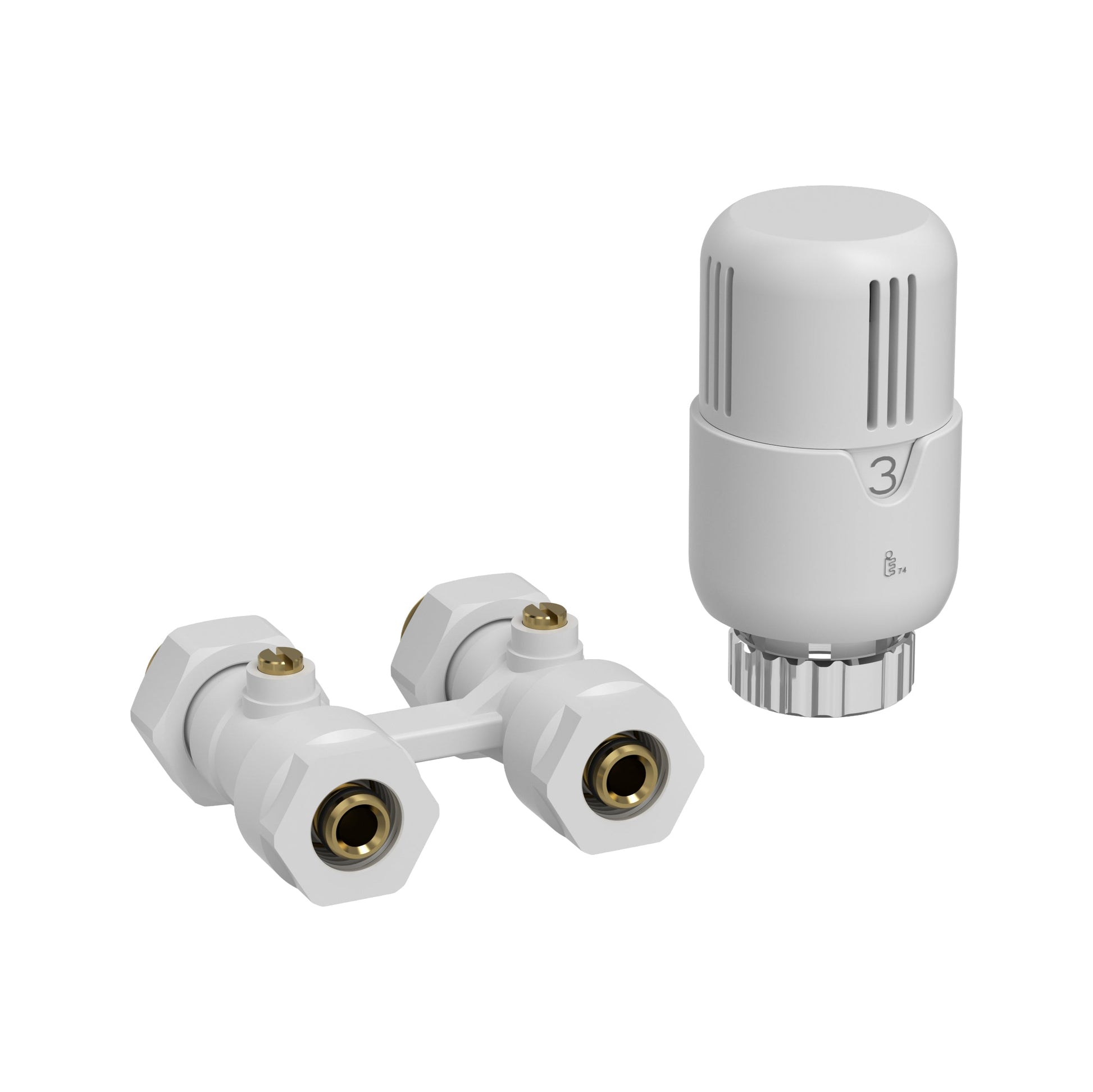 BELRAD H-BLOK - RADIATORAANSLUITSET COMPLEET - MET THERMOSTAATKNOP - RECHT - VLOERAANSLUITING - M30 -1/2MX16/2 - GLANZEND WIT