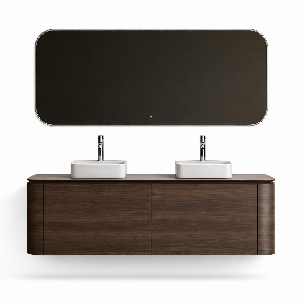 Badkamer Meubelset 119 x 49,5 x 48 incl. twee lavabo's 38 x 38 x 12 Donker walnoot ( CURVA)