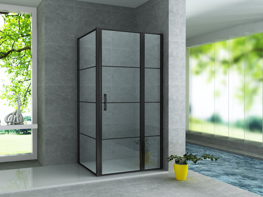 ALONI DOUCHECABINE - DRAAIDEUR EN ZIJWAND - 900 X 1400 X2000 MM - MAT ZWART - HELDER GLAS MET ZWART RASTER