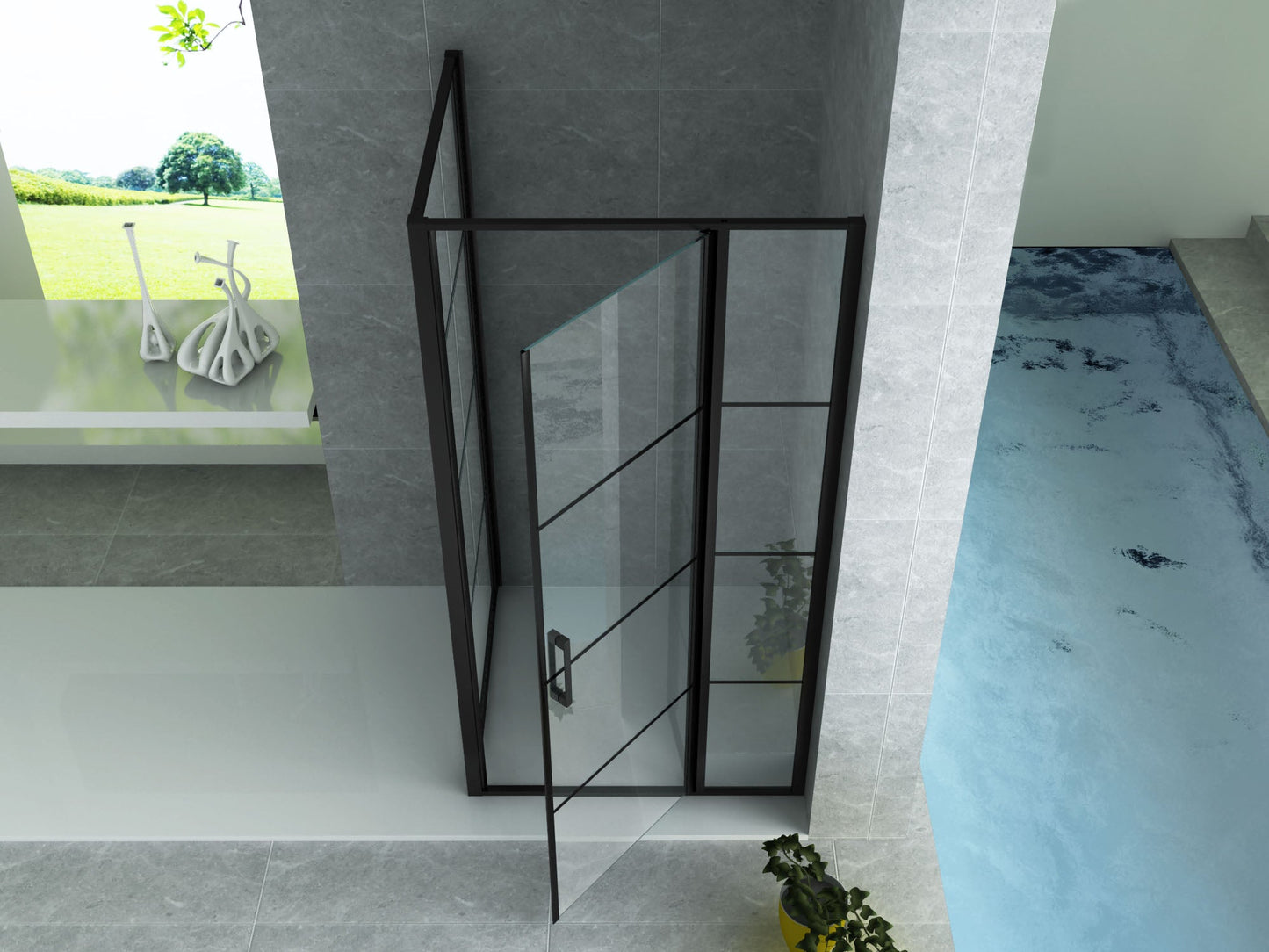 ALONI DOUCHECABINE - DRAAIDEUR EN ZIJWAND - 900 X 1400 X2000 MM - MAT ZWART - HELDER GLAS MET ZWART RASTER
