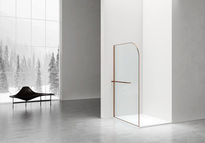 CURVY INLOOPDOUCHE MET HANDDOEKHOUDER - GEBOGEN - MET ANTI-KALKBEHANDELING - OMKEERBAAR - 8MM VEILIGHEIDSGLAS - 120X200CM - GEBORSTELD KOPER - GEBOGEN - HELDER GLAS