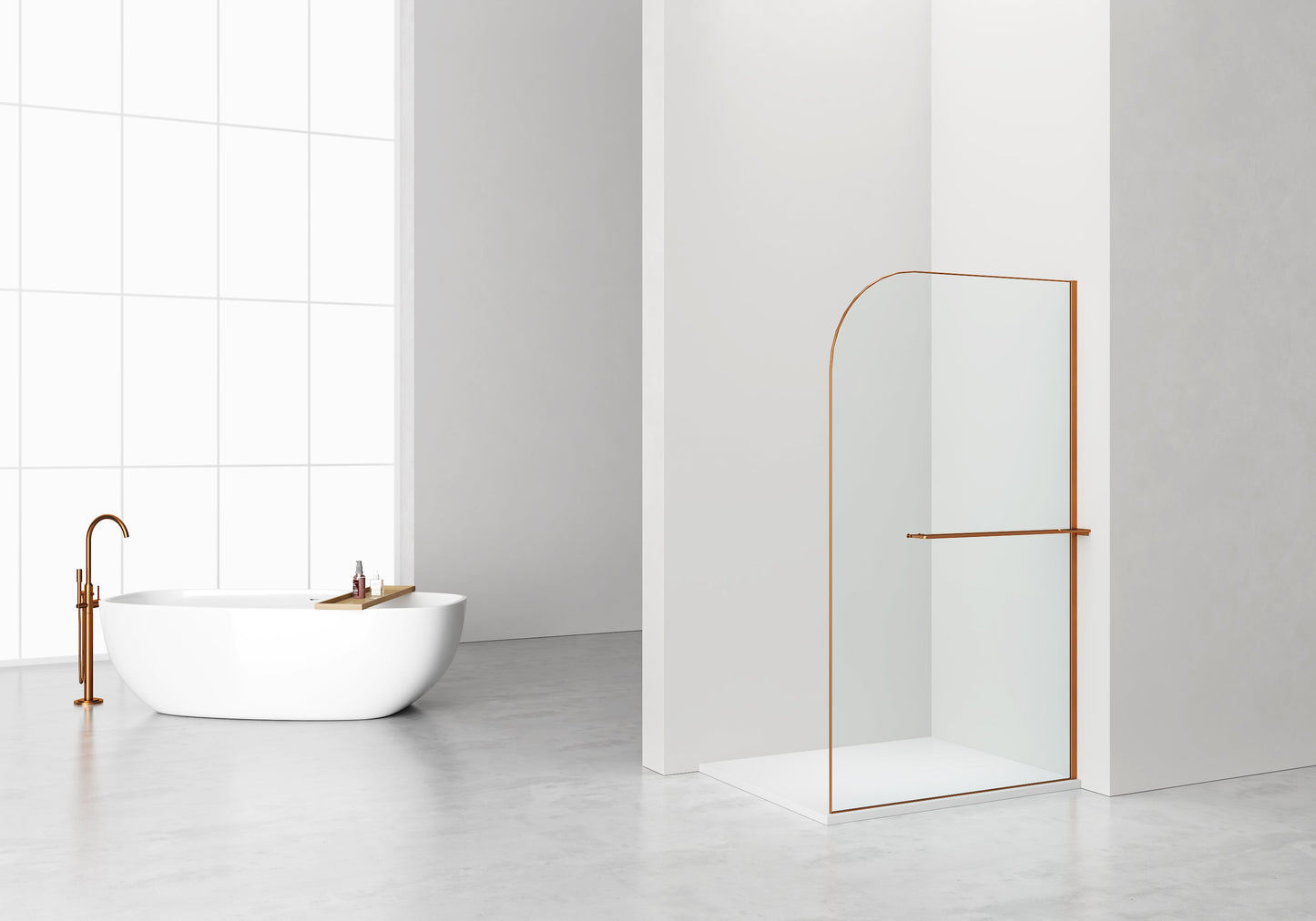 CURVY INLOOPDOUCHE MET HANDDOEKHOUDER - GEBOGEN - MET ANTI-KALKBEHANDELING - OMKEERBAAR - 8MM VEILIGHEIDSGLAS - 120X200CM - GEBORSTELD KOPER - GEBOGEN - HELDER GLAS