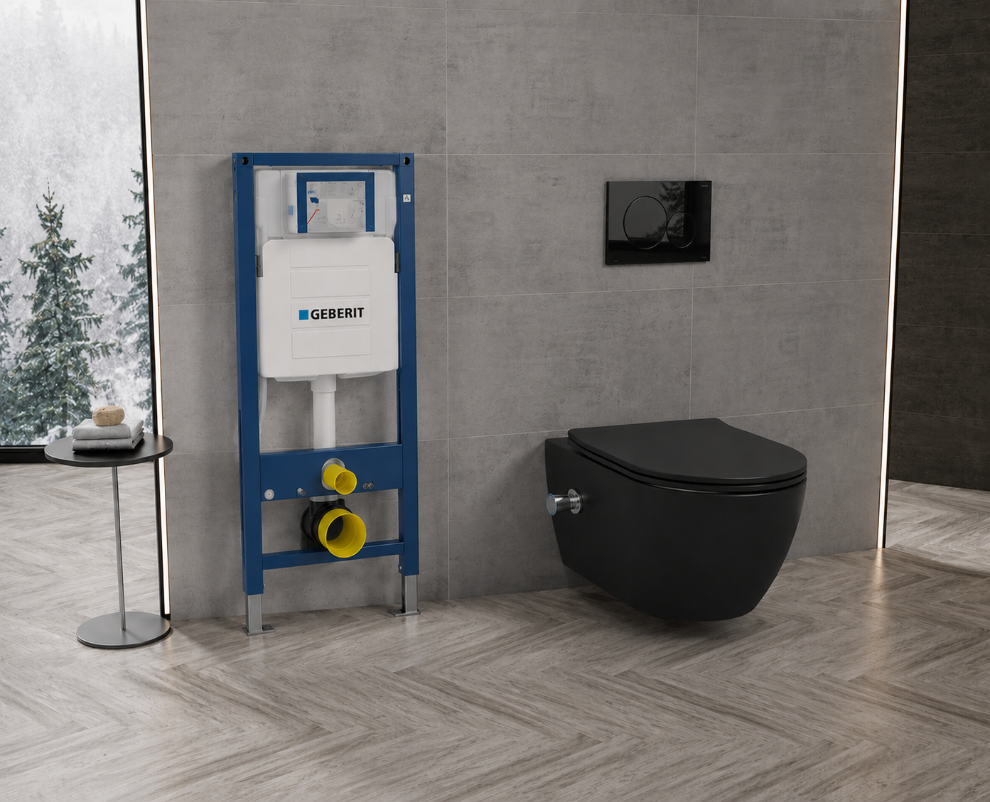 Geberit UP320 Inbouwreservoir + ILYA Mat Zwart Hangtoilet Rimless + Softclose WC-bril + Zwarte Bedieningsplaat | Complete Toiletset