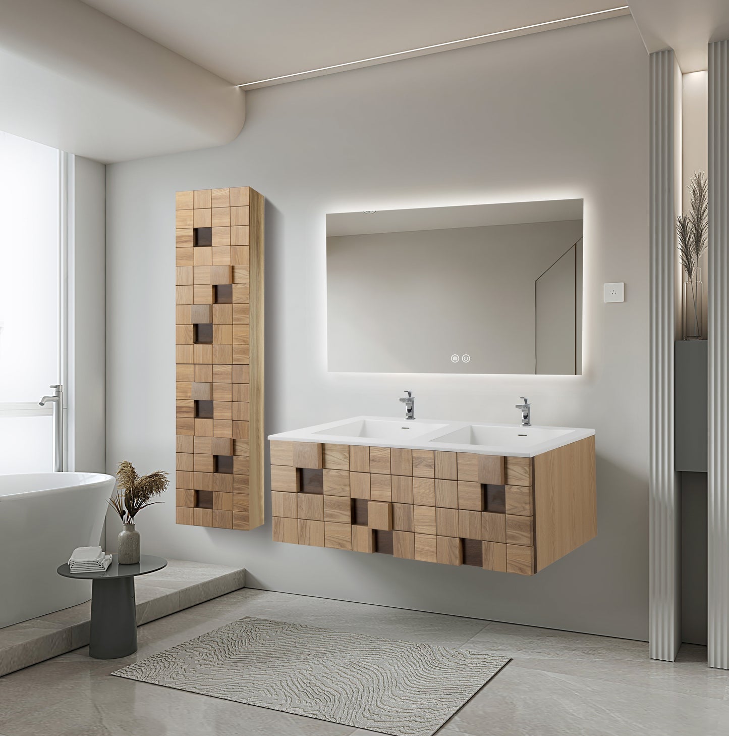WONDA SQUARE SLIM WASTAFEL - 2 WASBAKKEN - MET OVERLOOP - 2 KRAANGATEN - KUNSTMARMER - 120X1,6X52,5 CM - MAT WIT