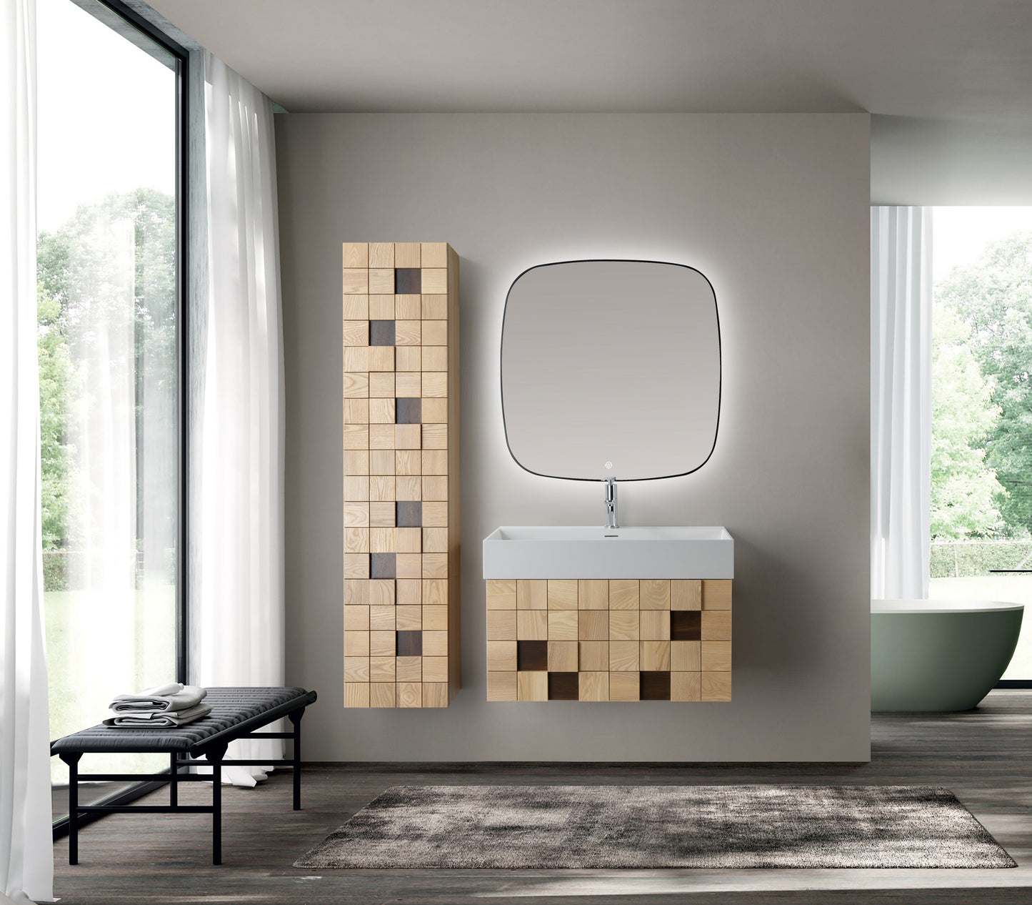 WONDA SQUARE WASTAFEL - 1 WASBAK - MET OVERLOOP - ZONDER KRAANGAT - KUNSTMARMER - 80X12X52,5 CM - MAT WIT