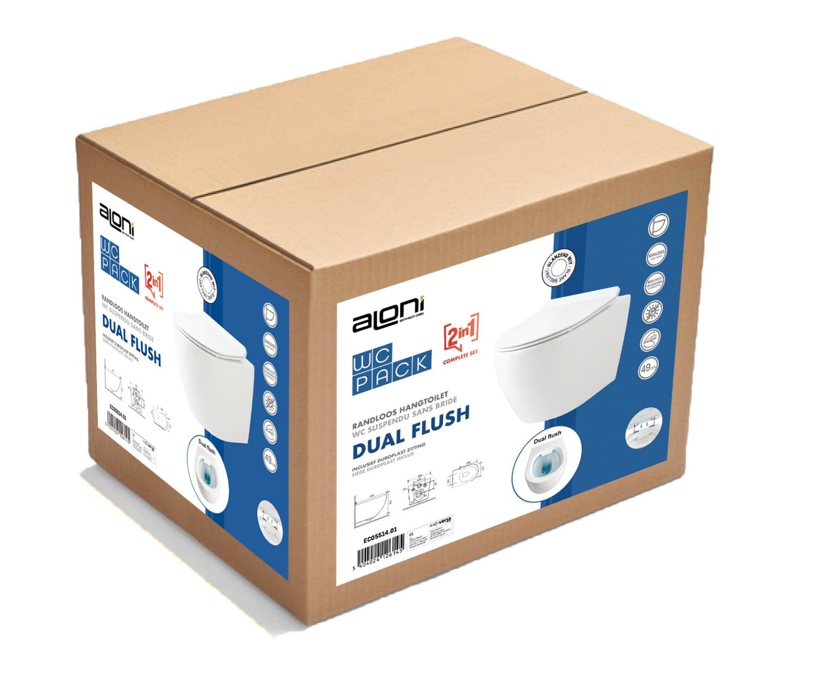 ALONI ECO HANGTOILET - RANDLOOS - MET ZITTING - DUROPLAST - SOFT CLOSE - QUICK RELEASE - COMPACT 49 CM - 36X36X49 CM - GLANZEND WIT