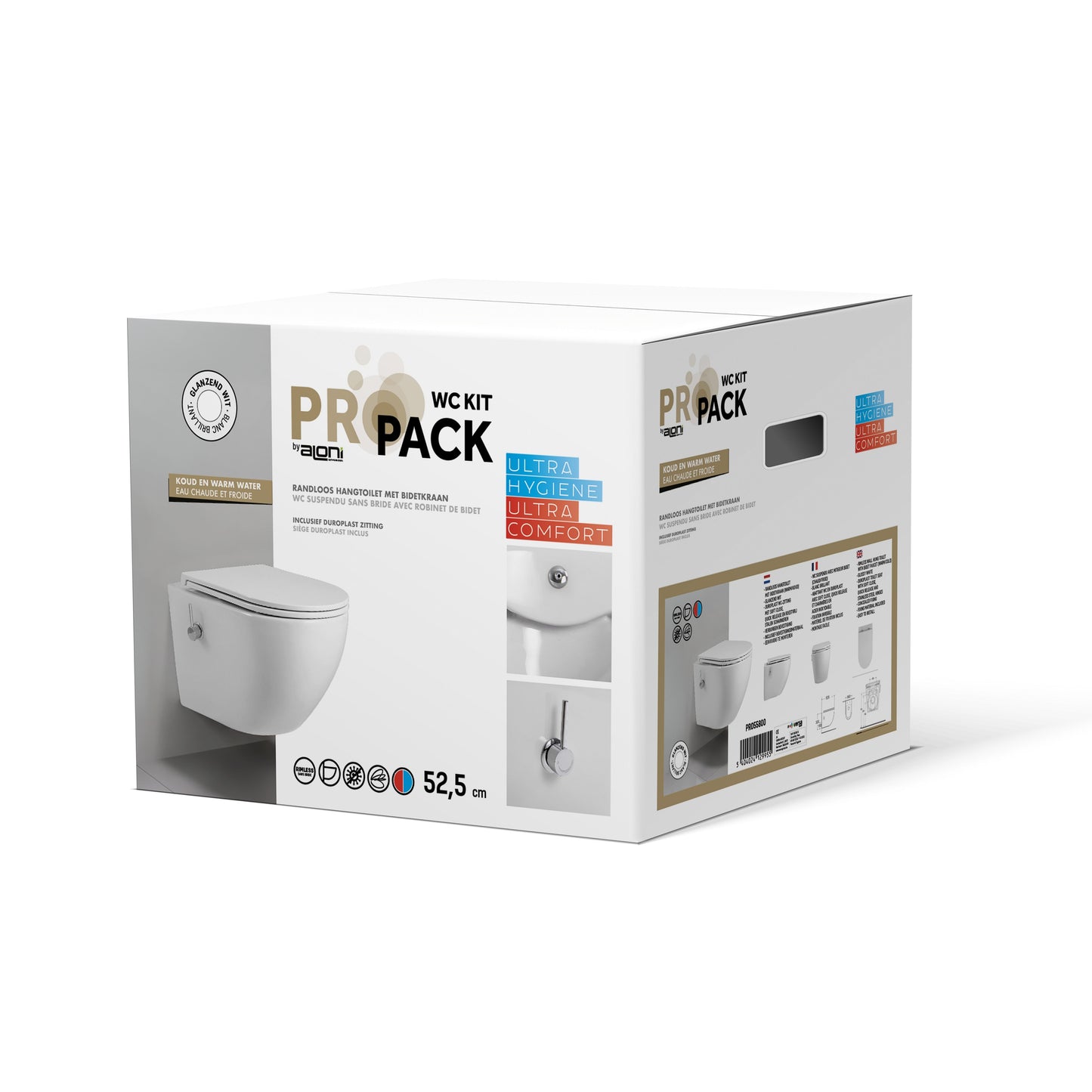 ALONI PRO HANGTOILET MET BIDET - RANDLOOS - MET BIDETKRAAN KOUD EN WARM WATER - MET ZITTING - 52,5CM - GLANZEND WIT