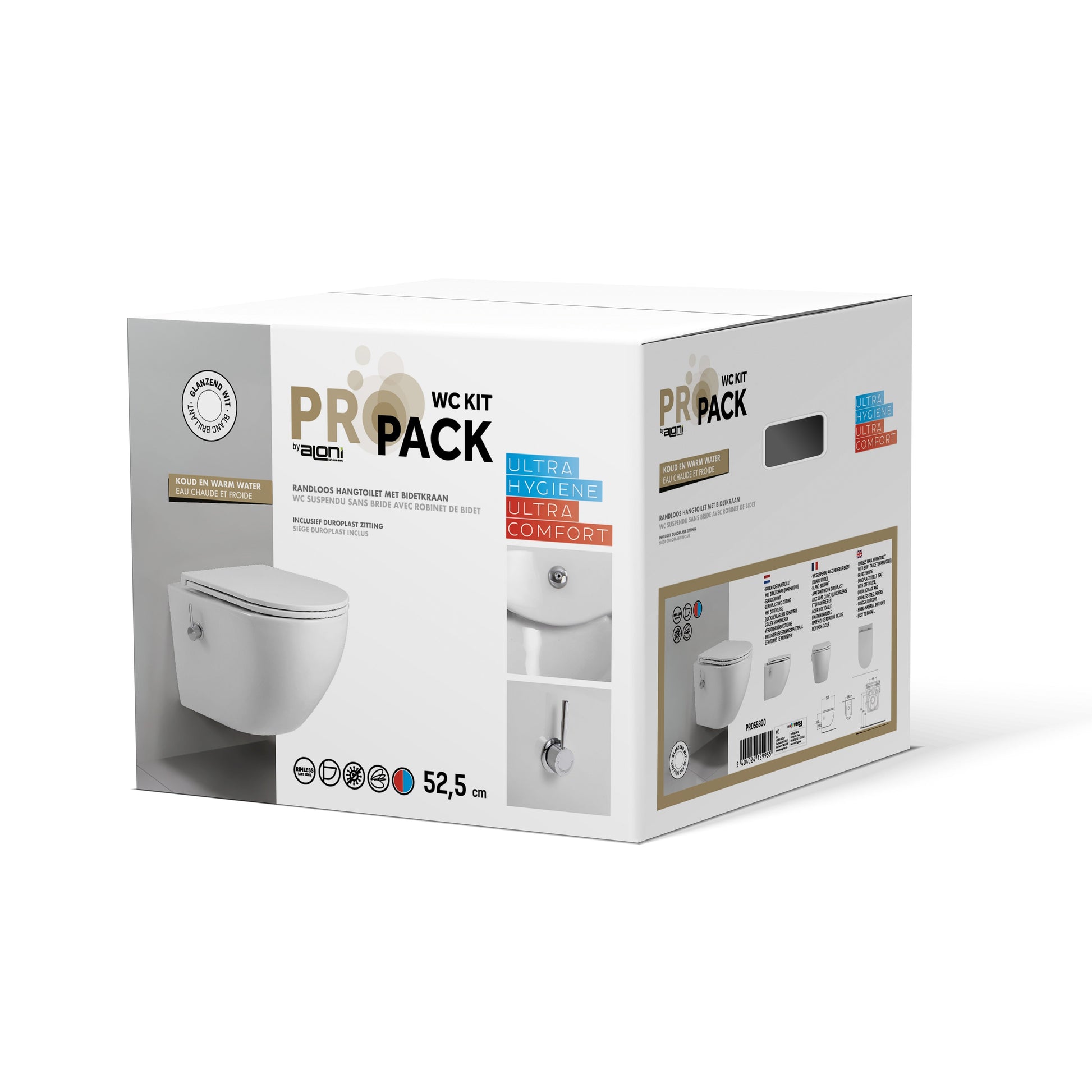 ALONI PRO HANGTOILET MET BIDET - RANDLOOS - MET BIDETKRAAN KOUD EN WARM WATER - MET ZITTING - 52,5CM - GLANZEND WIT