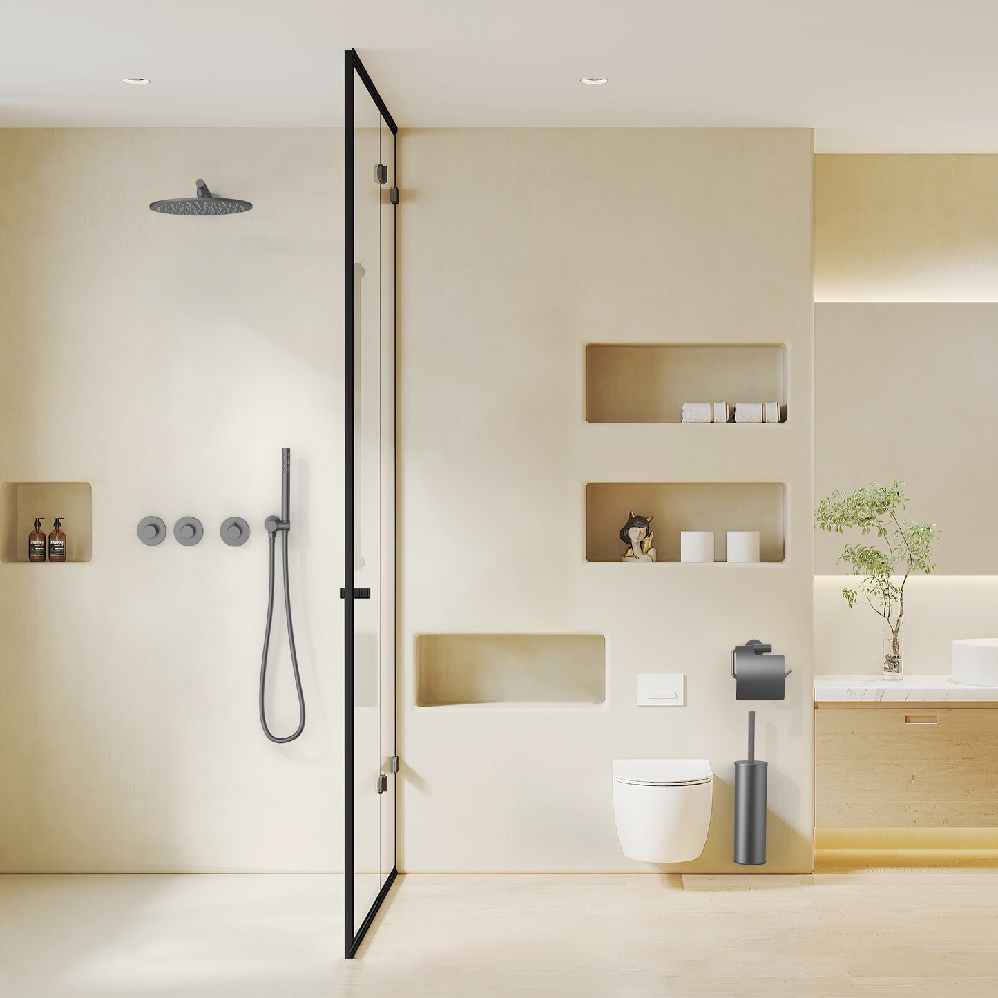STRIA DOUCHEMENGKRAAN - 2 WEG - THERMOSTATISCH - DRUKNOPPEN MET VERFIJNDE RIBBELSTRUCTUUR - MET INBOUWBOX EN AFBOUWDEEL - RECHTHOEKIG - GUNMETAL (PVD)