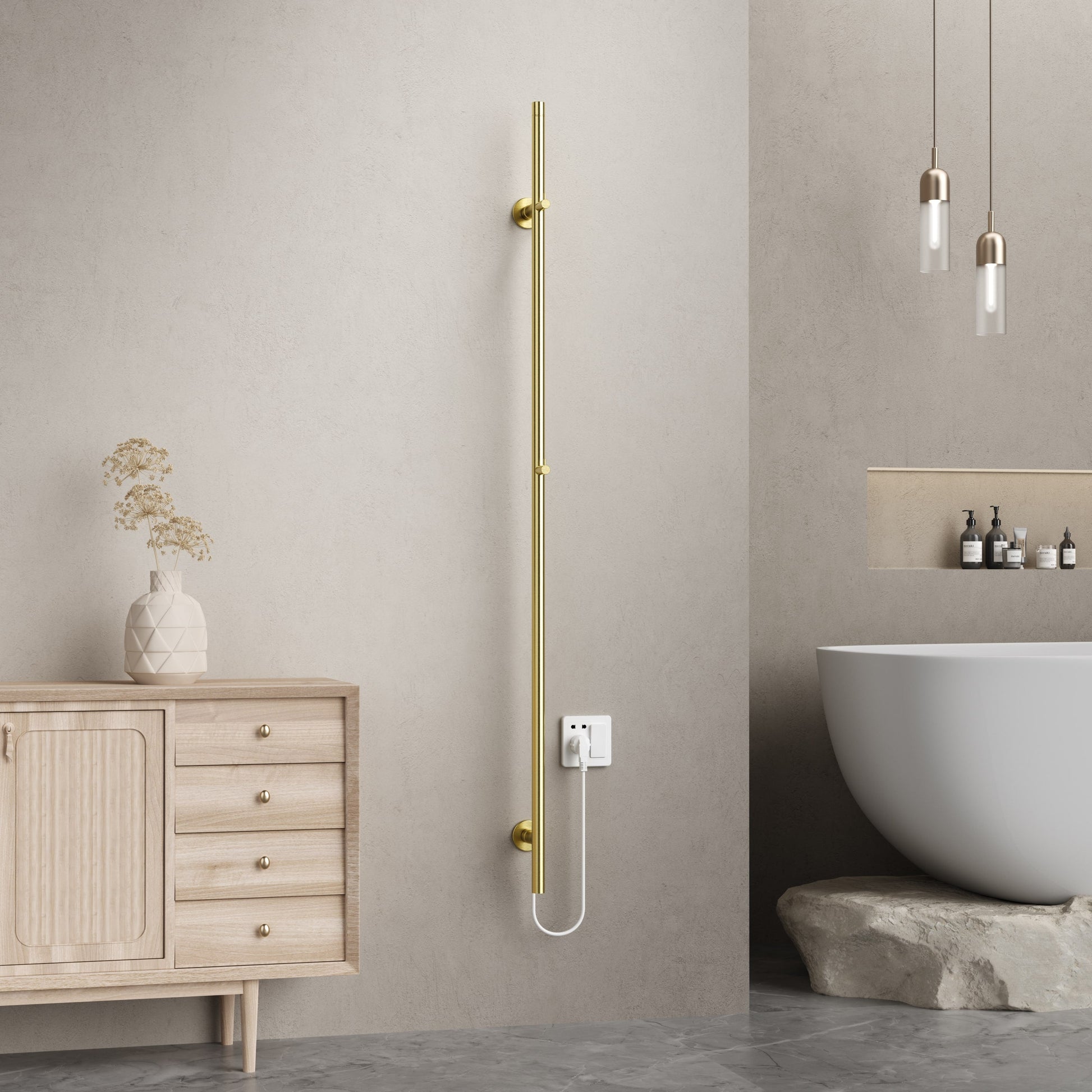 BELRAD ELEKTRISCHE STAAFHANDDOEKDROGER - ENKEL - MET DIGITALE, PROGRAMEERBARE THERMOSTAAT - 60W - Ø2,5CM - 150X6,3X12,7 CM - GEBORSTELD GOUD