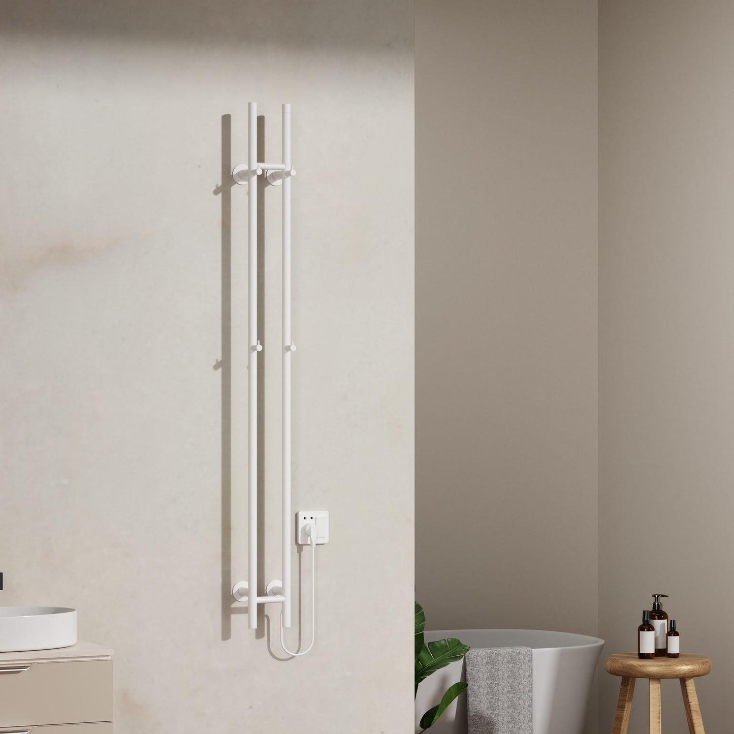 BELRAD ELEKTRISCHE STAAFHANDDOEKDROGER - DUBBEL - MET DIGITALE, PROGRAMEERBARE THERMOSTAAT - 120W - Ø2,5CM - 150X16,8X12,7 CM - GLANZEND WIT