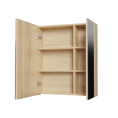 HAYAT SPIEGELKAST - 2 ASSYMETRISCHE, ENKELZIJDIGE SPIEGELDEUREN - 4 IN HOOGTE VERSTELBARE LEGPLANKEN - 60X70X15CM - EIK