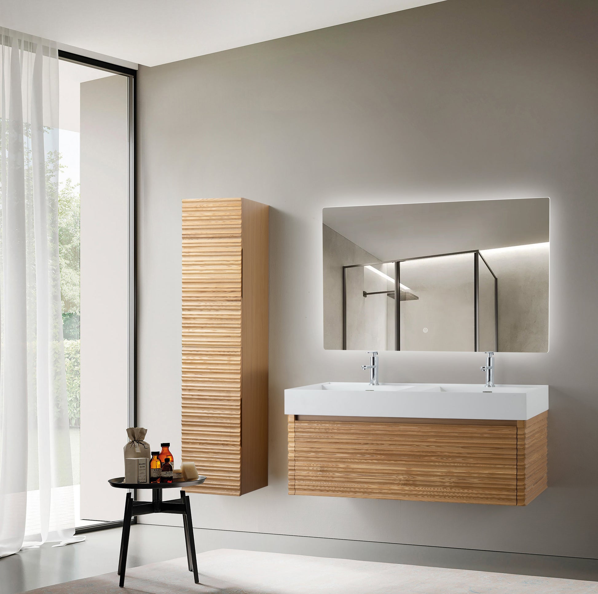 WONDA SQUARE WASTAFEL - 2 WASBAKKEN - MET OVERLOOP - ZONDER KRAANGATEN - KUNSTMARMER - 120X12X52,5 CM - MAT WIT