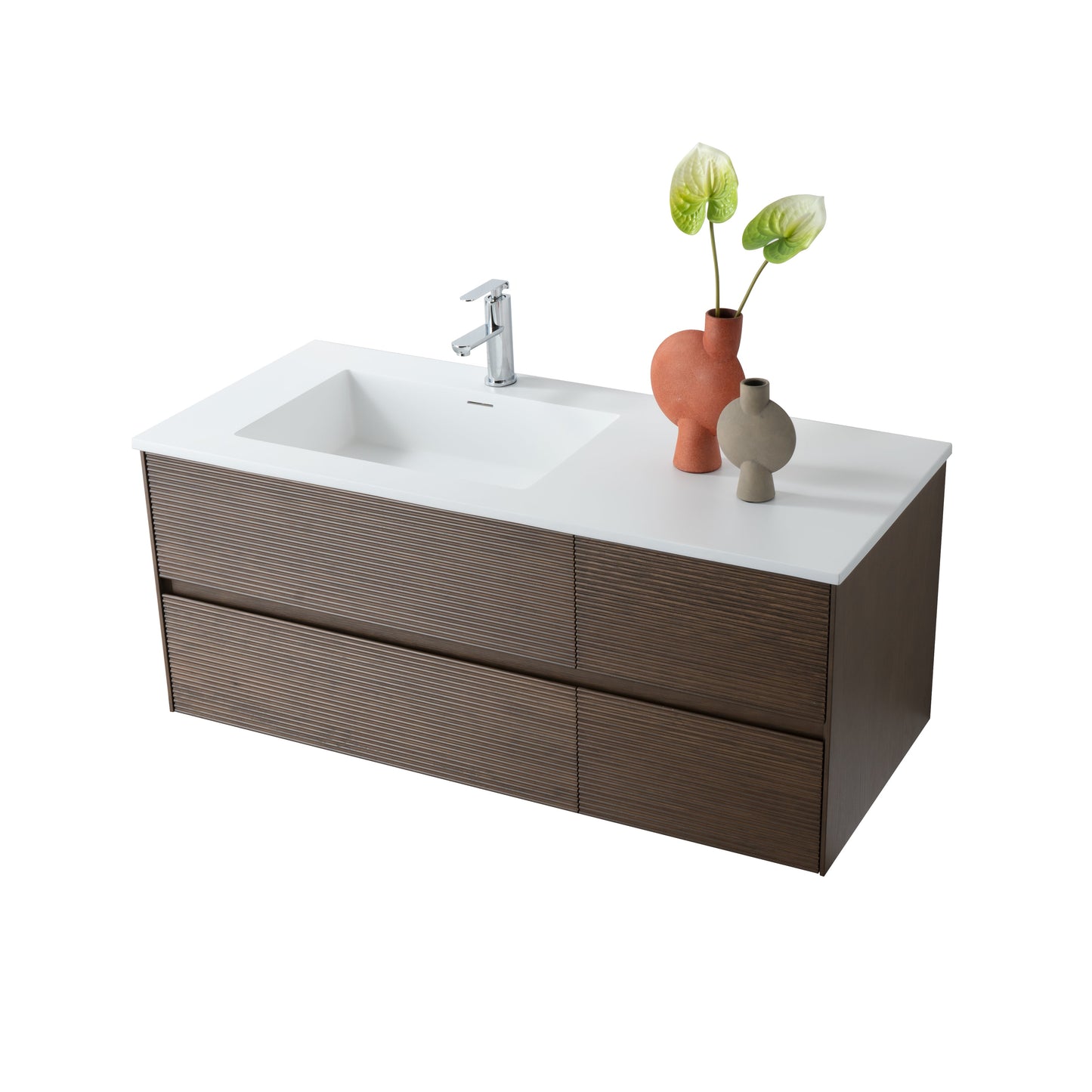 WONDA SQUARE SLIM WASTAFEL - 1 WASBAK LINKS - MET OVERLOOP - 1 KRAANGAT - KUNSTMARMER - 120X1,6X52,5 CM - MAT WIT