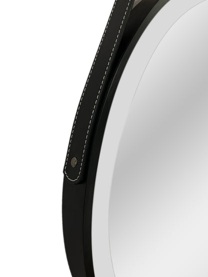 ALONI BELTIA SPIEGEL - MET LED VERLICHTING - ROND - MET LIJST - MET IMITATIE LEDEREN BAND EN HAAK - KLEURTEMPERATUUR LED 3500-6500K - 60CM - MAT ZWART
