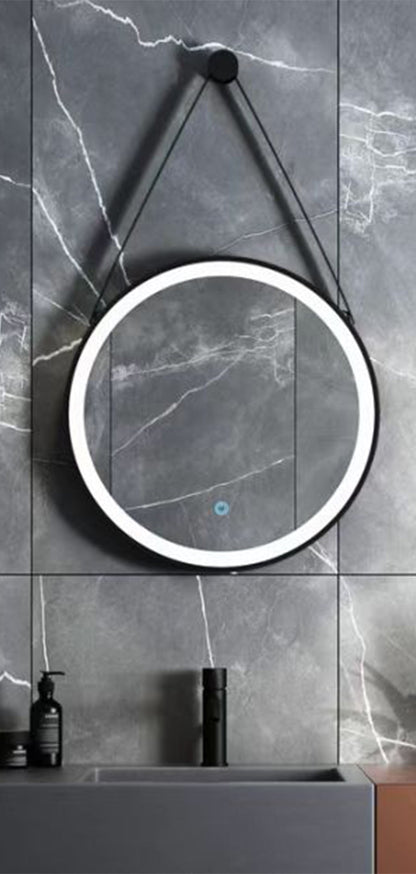 ALONI BELTIA SPIEGEL - MET LED VERLICHTING - ROND - MET LIJST - MET IMITATIE LEDEREN BAND EN HAAK - KLEURTEMPERATUUR LED 3500-6500K - 60CM - MAT ZWART