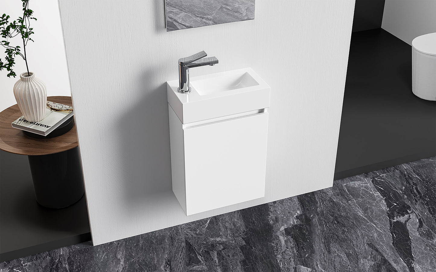 ALONI ZYRO TOILETMEUBELSET - COMPLEET - ONDERKAST MET 1 DEUR - GREEPLOOS - SOFT CLOSE - OMKEERBAAR - SPIEGEL - FONTEIN - 40,5X22,5 CM - GLANZEND WIT