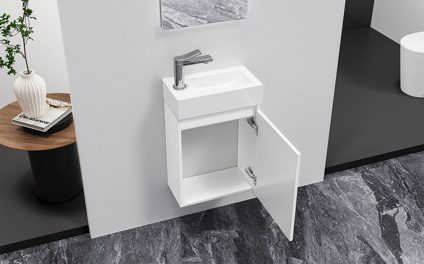 ALONI ZYRO TOILETMEUBELSET - COMPLEET - ONDERKAST MET 1 DEUR - GREEPLOOS - SOFT CLOSE - OMKEERBAAR - SPIEGEL - FONTEIN - 40,5X22,5 CM - GLANZEND WIT