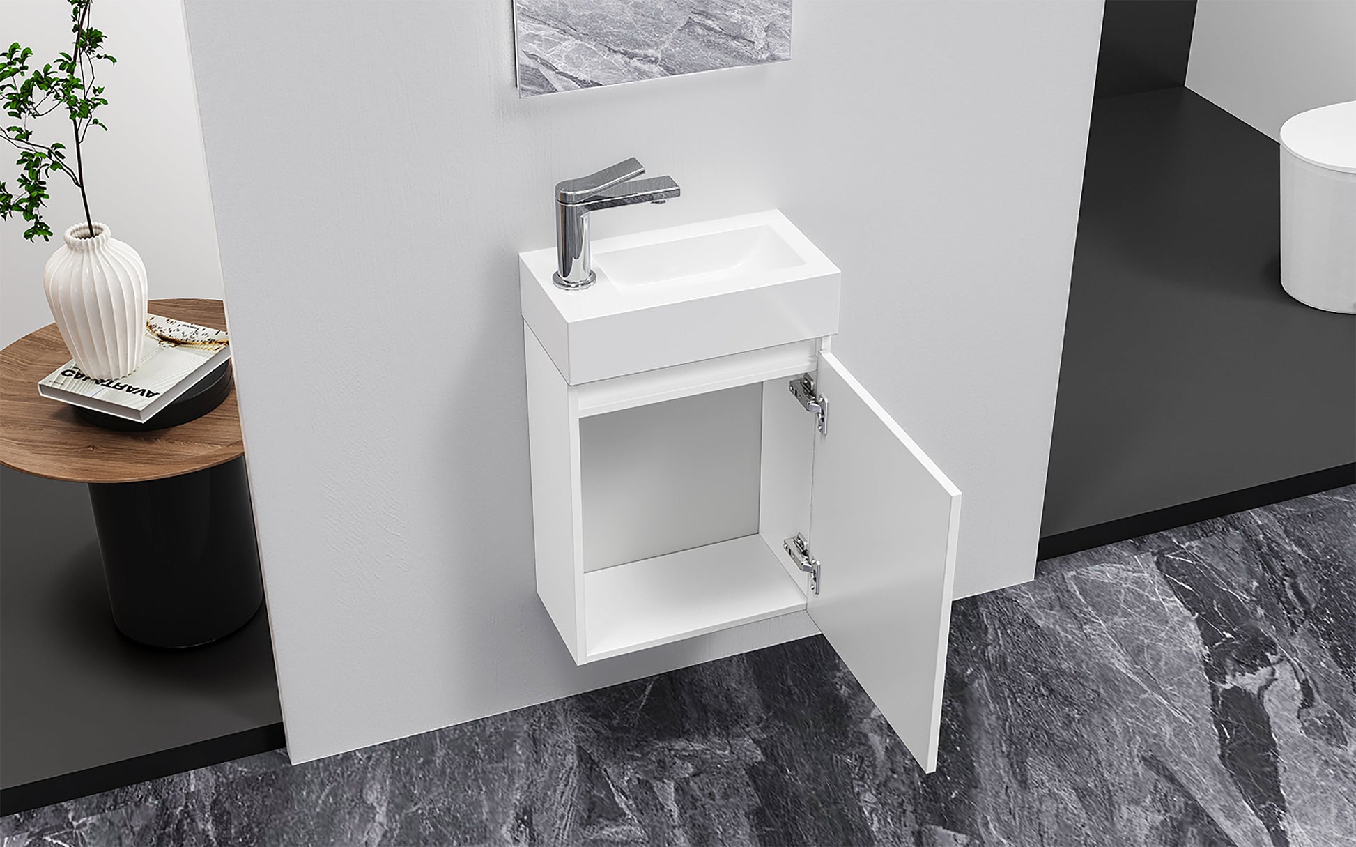 ALONI ZYRO TOILETMEUBELSET - COMPLEET - ONDERKAST MET 1 DEUR - GREEPLOOS - SOFT CLOSE - OMKEERBAAR - SPIEGEL - FONTEIN - 40,5X22,5 CM - GLANZEND WIT