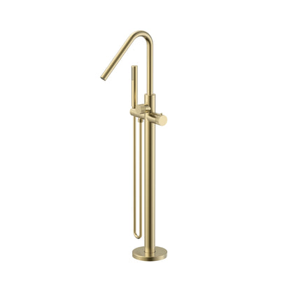 STRIA BADMENGKRAAN - VRIJSTAAND - THERMOSTATISCH - MET HANDDOUCHE EN DOUCHESLANG - KNOPPEN MET RIBBELSTRUCTUUR - GEBORSTELD GOUD (PVD)
