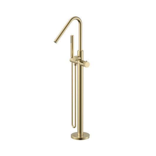 STRIA BADMENGKRAAN - VRIJSTAAND - THERMOSTATISCH - MET HANDDOUCHE EN DOUCHESLANG - KNOPPEN MET RIBBELSTRUCTUUR - GEBORSTELD GOUD (PVD)