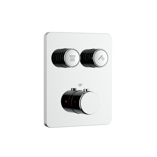 STRIA DOUCHEMENGKRAAN - 2 WEG - THERMOSTATISCH - DRUKNOPPEN MET VERFIJNDE RIBBELSTRUCTUUR - MET INBOUWBOX EN AFBOUWDEEL - RECHTHOEKIG - CHROOM