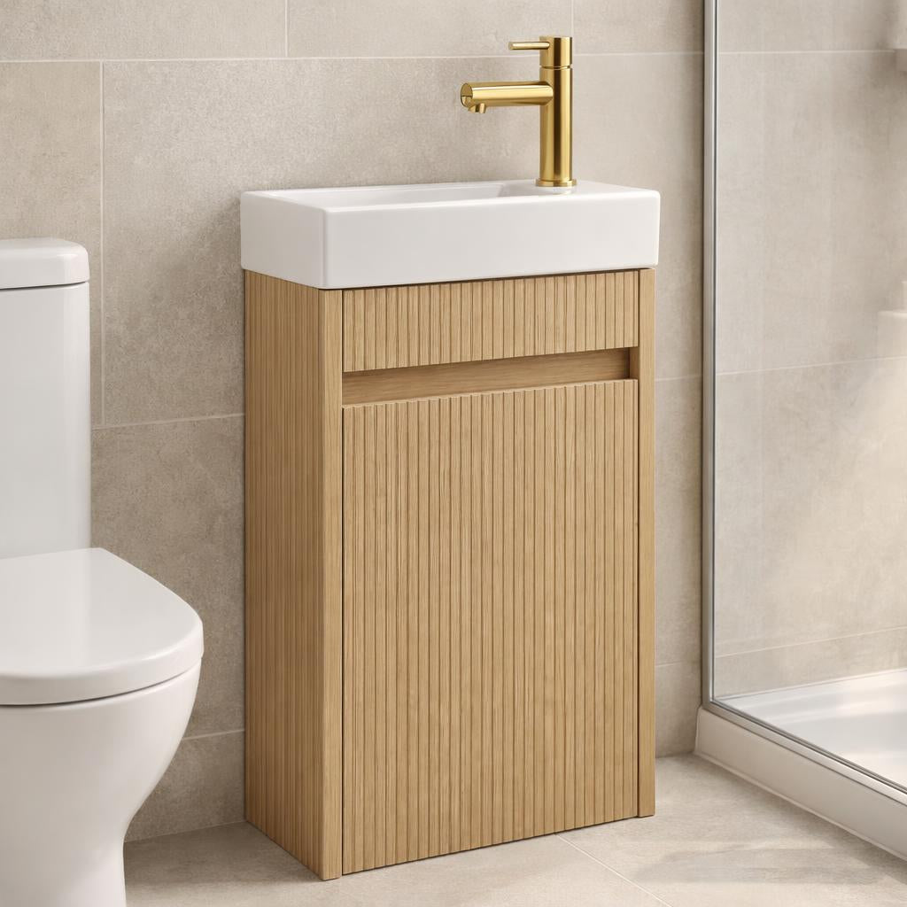 Toilet meubelset Eikgrijs geribbeld incl. kraan goud, sifon en popup goud 40 x 22,5 x 63 (b x d x h)