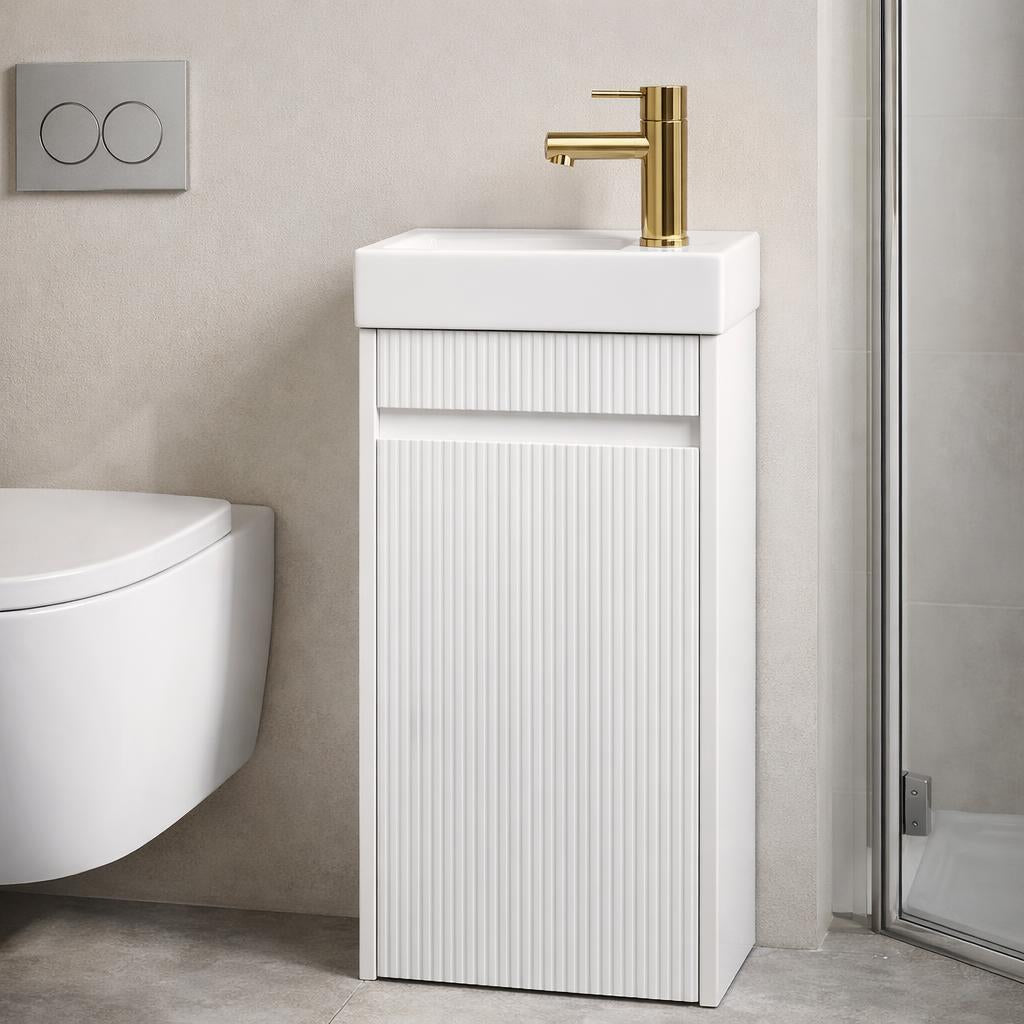 Toilet meubelset Hoogglans wit geribbeld incl. kraan goud, sifon en popup goud 40 x 22,5 x 63 (b x d x h)