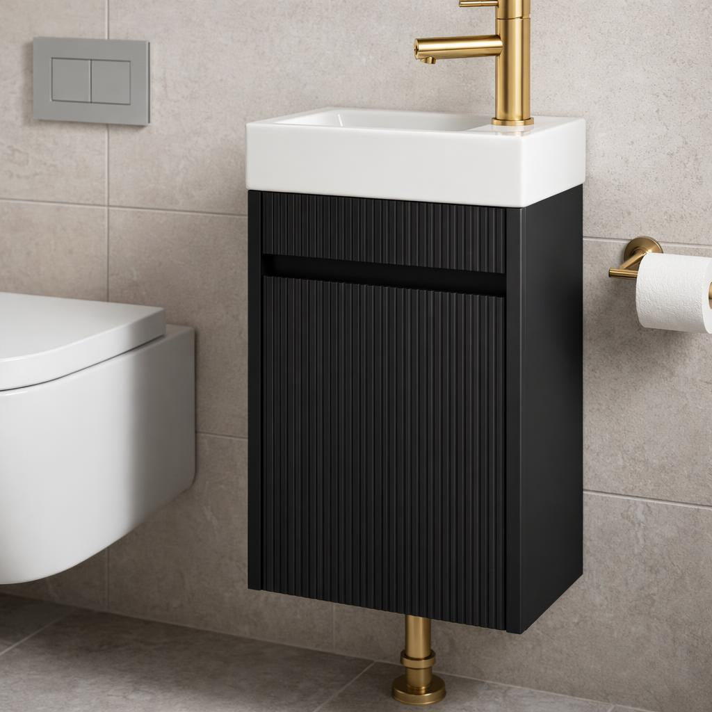 Toilet meubelset Mat zwart geribbeld incl. kraan goud, sifon en popup goud 40 x 22,5 x 63 (b x d x h)